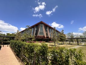 青空の下、屋根の大きな古い住宅と生け垣