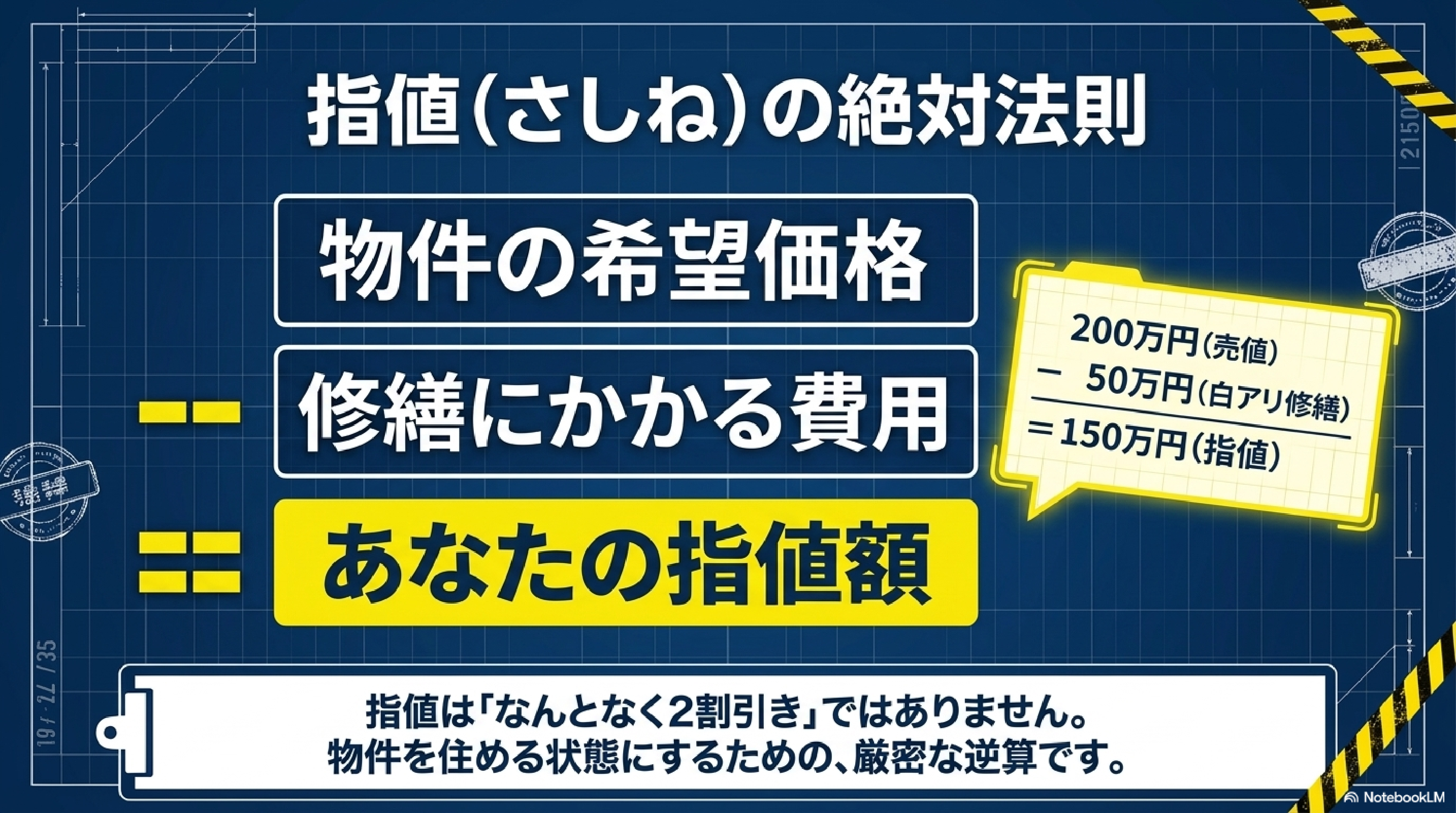 指値の絶対法則:物件の希望価格 − 修繕にかかる費用 = あなたの指値額