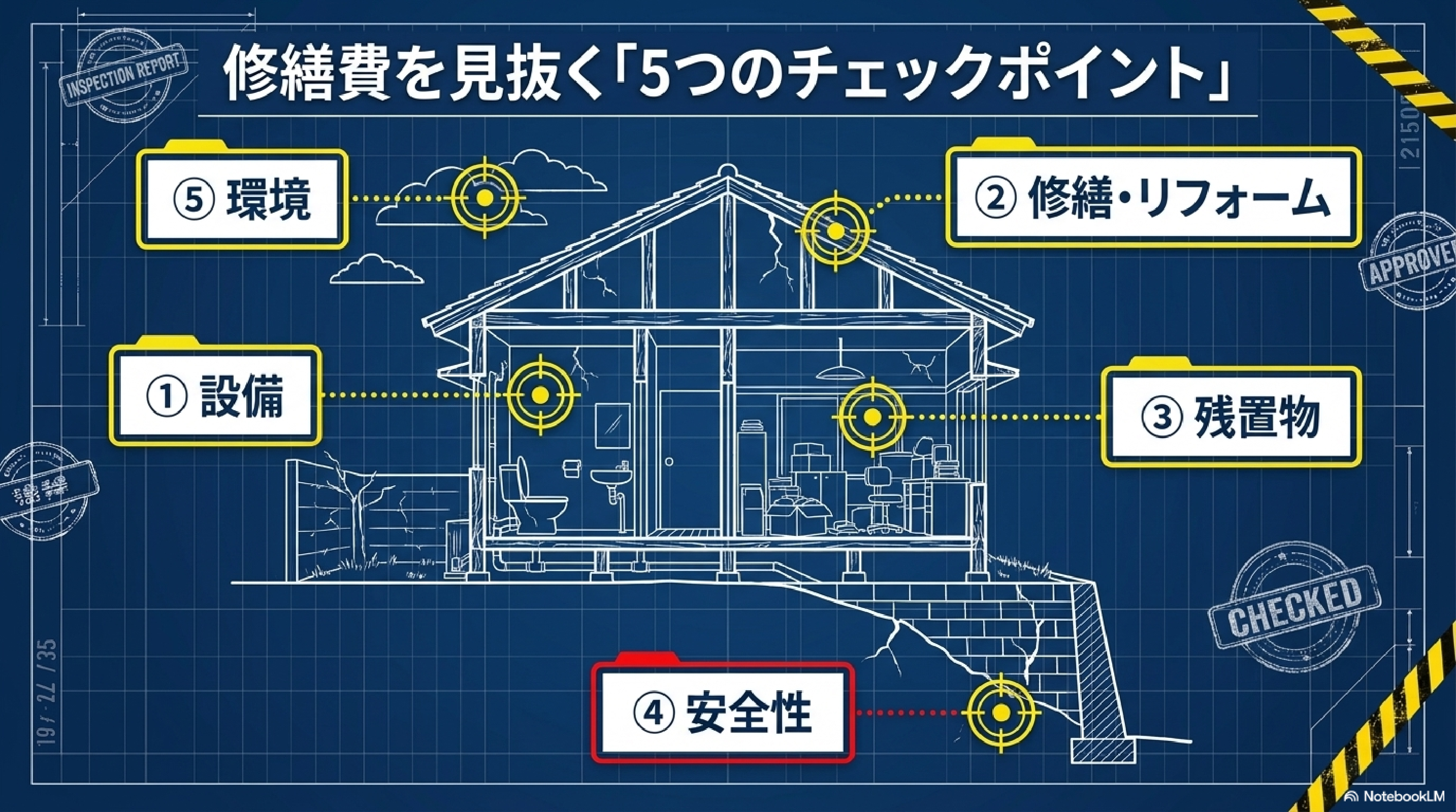 修繕費を見抜く5つのチェックポイント:設備・修繕リフォーム・残置物・安全性・環境