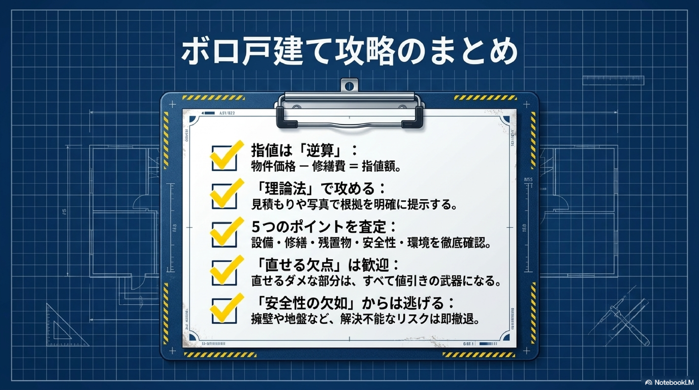ボロ戸建て攻略のまとめ:指値は逆算、理論法で攻める、5つのポイントで査定、安全性の欠点からは逃げる